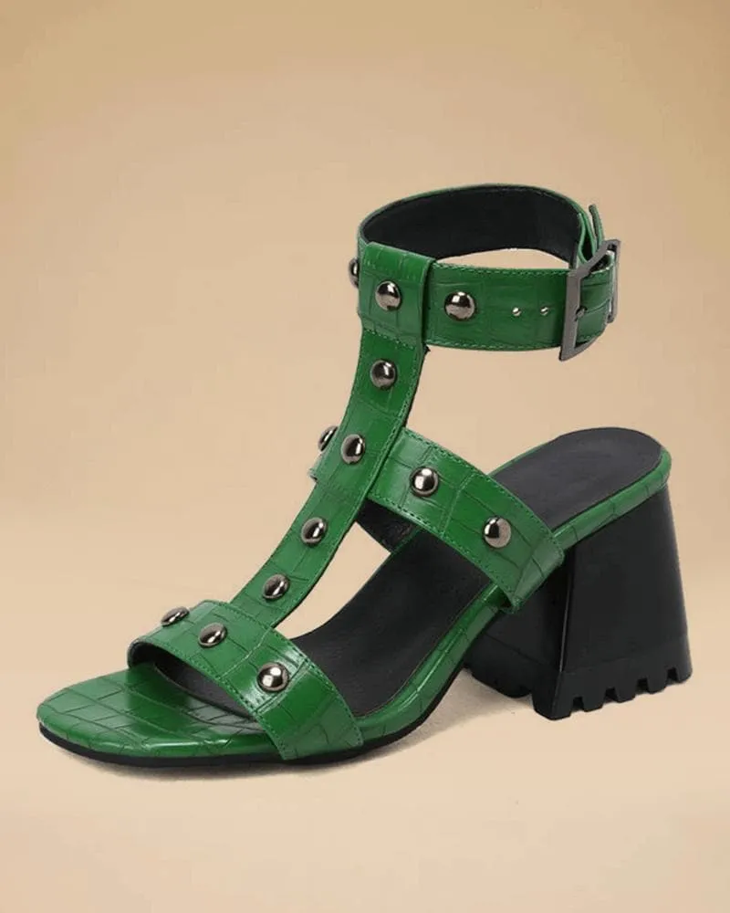 Women's Elegant Rivet Adjusting Buckle Block Heel Sandals