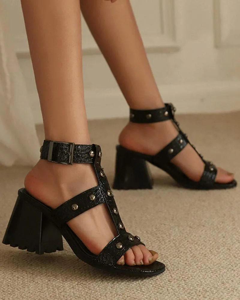 Women's Elegant Rivet Adjusting Buckle Block Heel Sandals