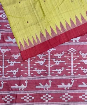 Yellow maroon tussar silk handloom gopalpur saree