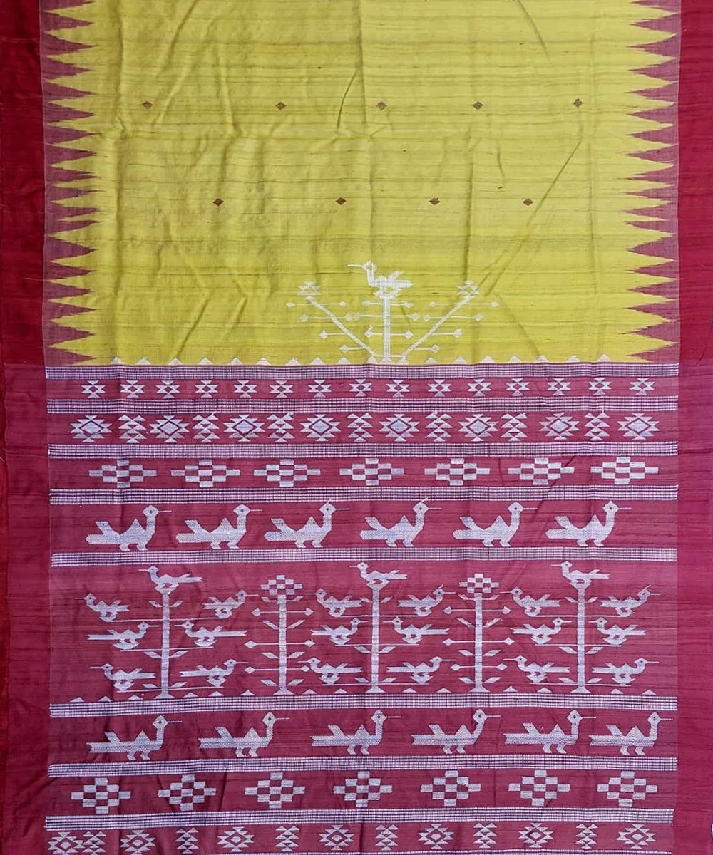 Yellow maroon tussar silk handloom gopalpur saree