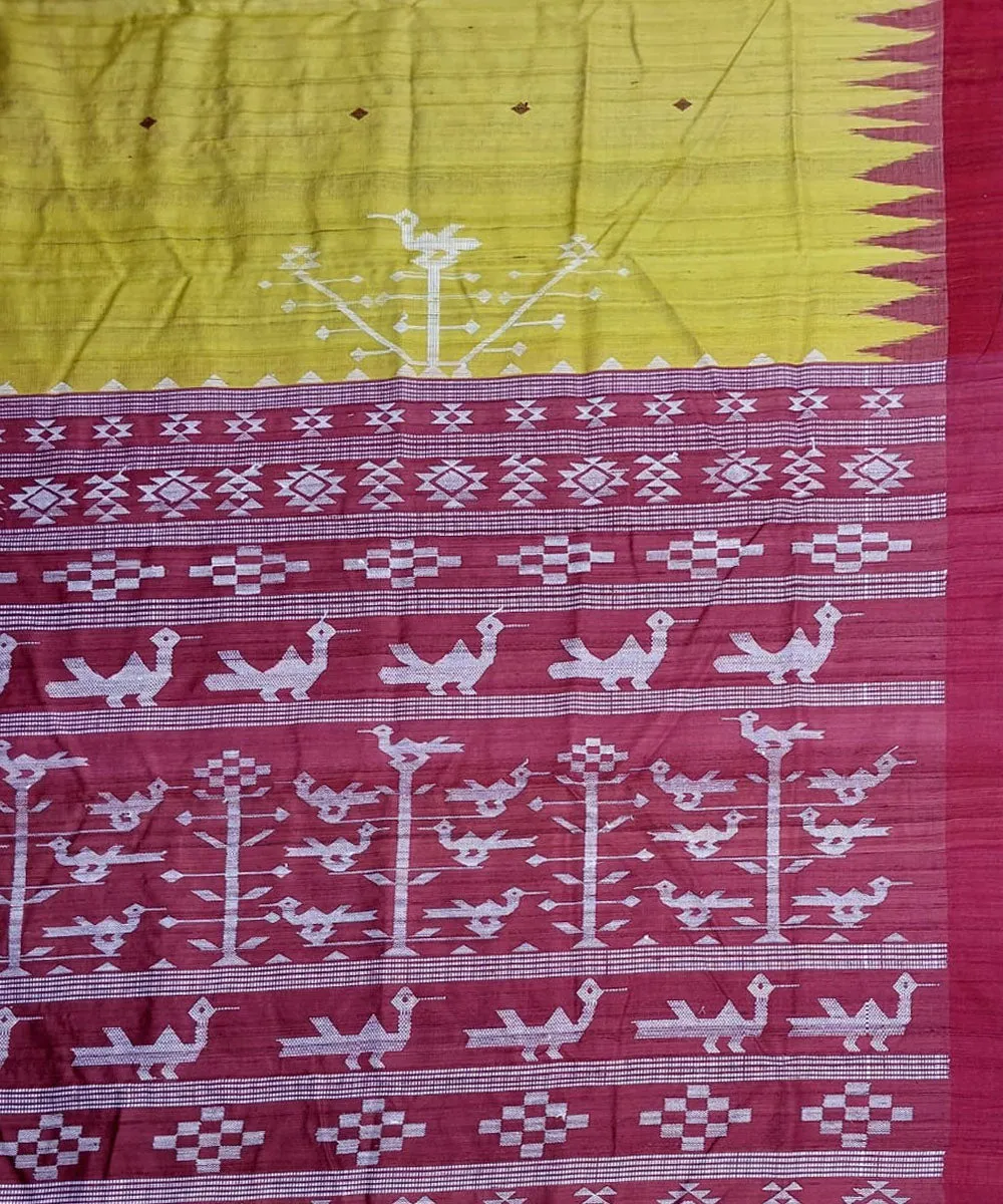 Yellow maroon tussar silk handloom gopalpur saree